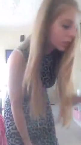 Blonde college girl trying on clothes. Periscope stream