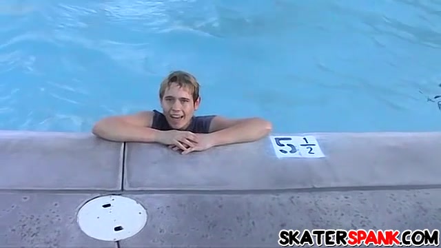 Brandon "Skug" Keene & Evan Heinze & Grant Hiller & Ian Madrox in Behind the scenes of a playful spanking foursome by the pool - SkaterSpank