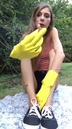 Smoking yellow rubber gloves 2 at once hd pov