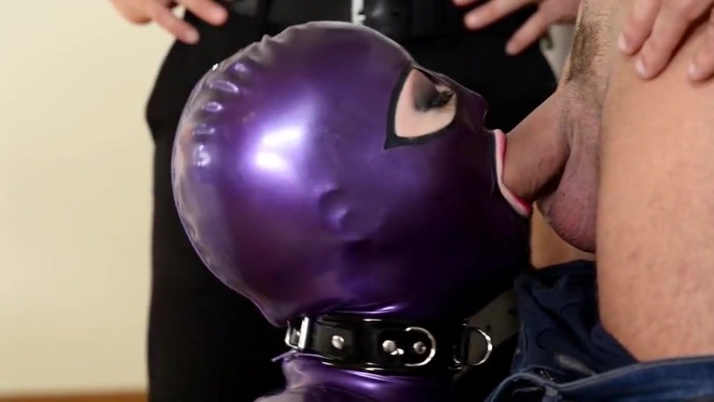 Two guys fuck slut in purple latex cat suit with facial